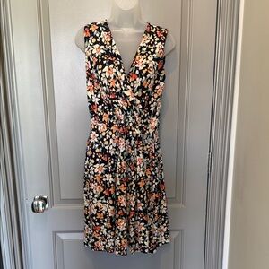 Kaileigh Black Floral Wrap Midi Dress with Peach & Cream Blooms GUC